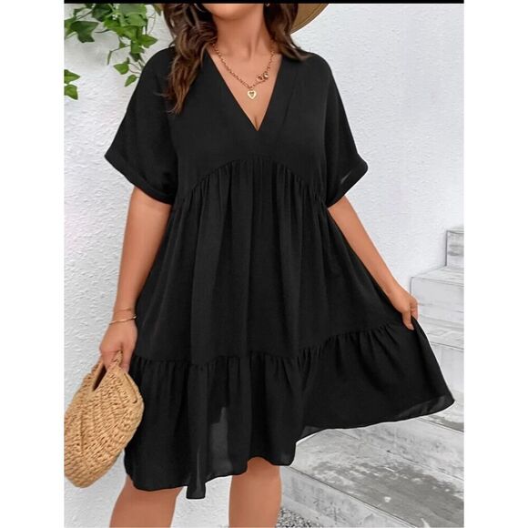 NEW Black SHEIN VCAY Plus Batwing Sleeve Ruffle Hem Smock Dress 0X - Picture 5 of 5